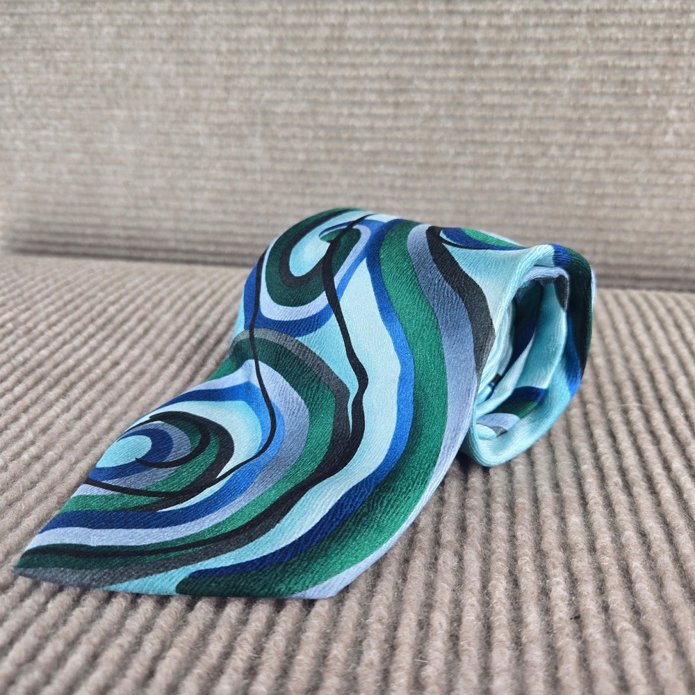 J. Garcia Mens Blue Green Abstract Psychedelic Silk Necktie